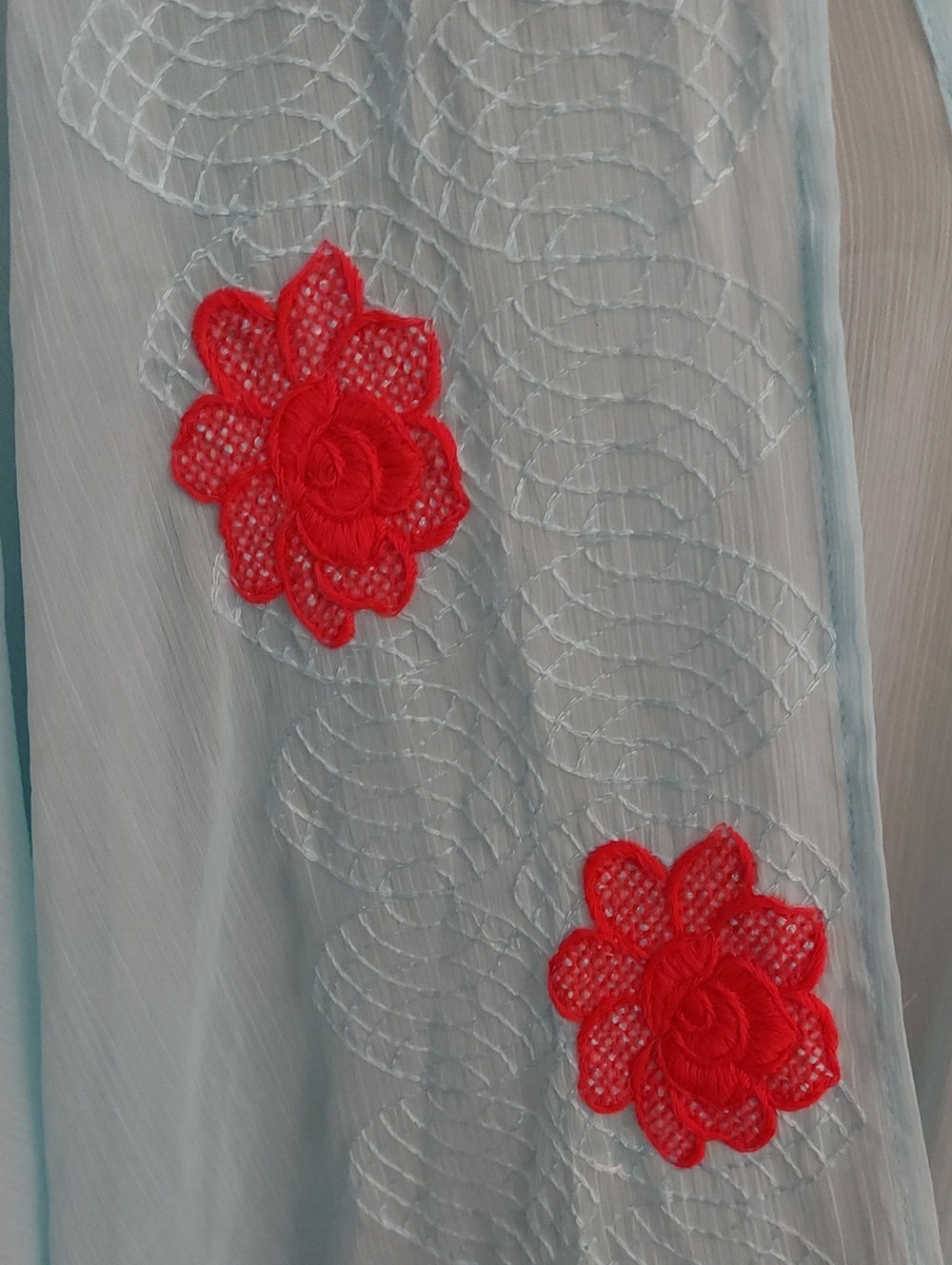 Betsey Johnson Light Blue Sheer Chiffon Kimono Cardigan Pink Floral Applique OS - Picture 5 of 12